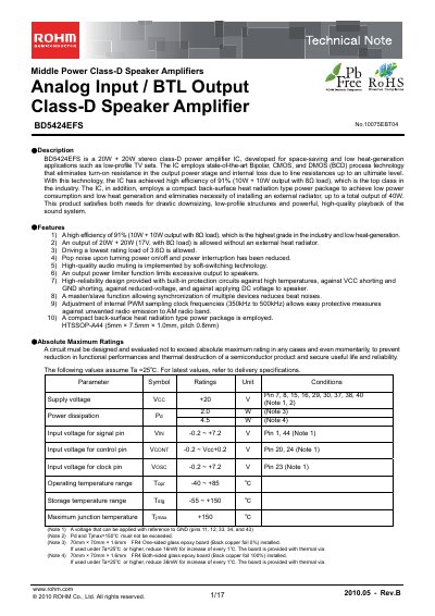 ROHM BD5424EFS Class‑D Speaker Amplifier Technical Note - cover page