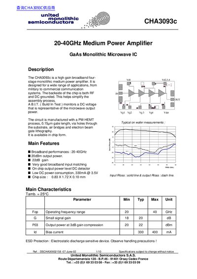 United Monolithic Semiconductors CHA3093c 20-40GHz Medium Power Amplifier Datasheet - cover page