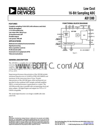 Analog Devices AD1380 16‑Bit Sampling ADC Datasheet - cover page