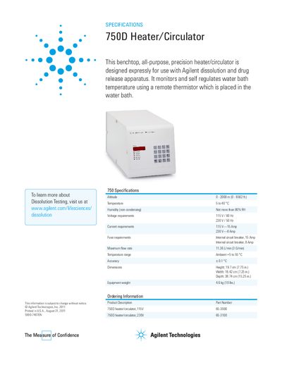 Agilent 750D Heater/Circulator Product Information Sheet - cover page