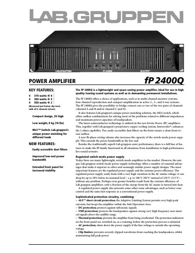 Lab.gruppen fP 2400Q Power Amplifier Technical Data - cover page