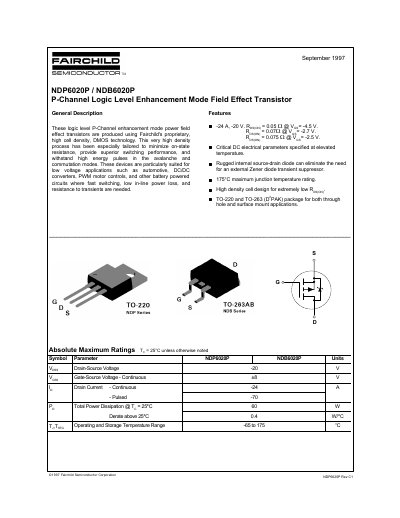 Fairchild NDP6020P / NDB6020P P-Channel MOSFET Datasheet - cover page