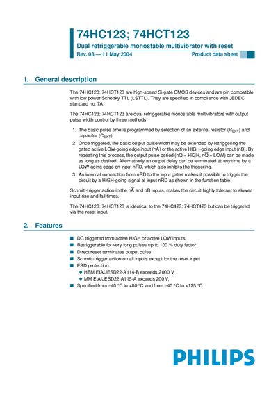 Philips 74HC123 / 74HCT123 Dual Retriggerable Monostable Multivibrator Data Sheet - cover page