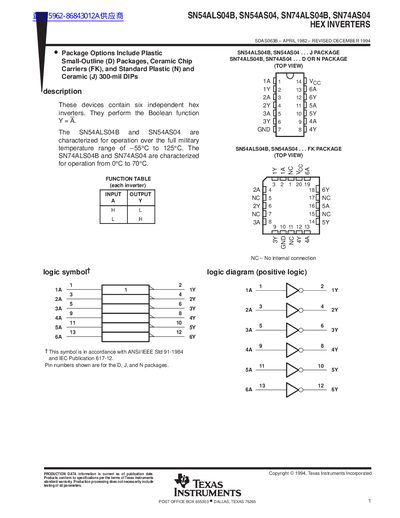 Texas Instruments SN54ALS04B/SN54AS04/SN74ALS04B/SN74AS04 Hex Inverters Datasheet - cover page