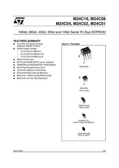 STMicroelectronics M24C16/M24C08/M24C04/M24C02/M24C01 EEPROM Datasheet - cover page