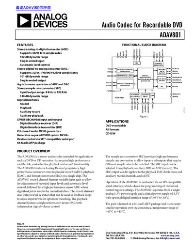 Analog Devices ADAV801 Audio Codec for Recordable DVD Datasheet