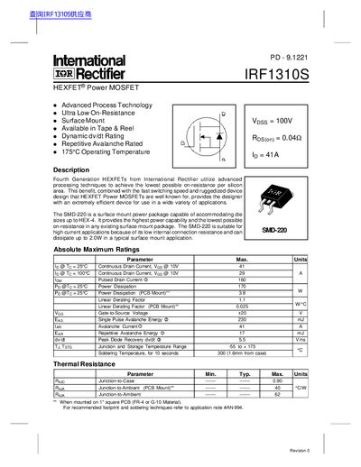 International Rectifier IRF1310S Power MOSFET Datasheet - cover page