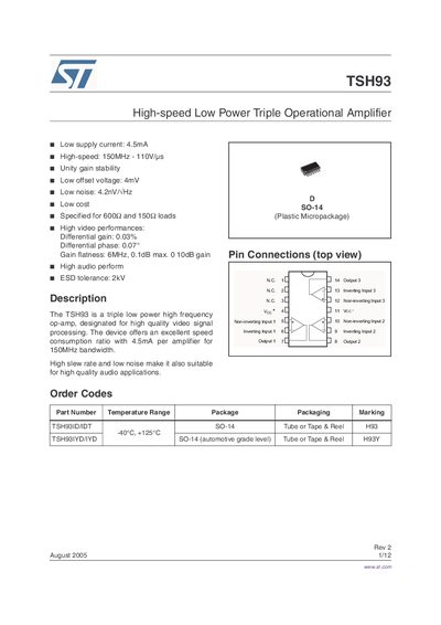 STMicroelectronics TSH93 Datasheet - cover page
