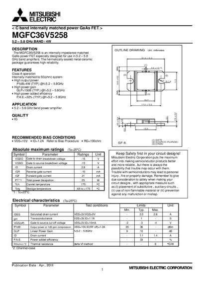 Mitsubishi Electric MGFC36V5258 GaAs Power FET Datasheet - cover page