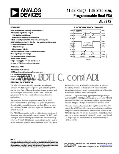 Analog Devices AD8372 Dual VGA Amplifier Datasheet - cover page