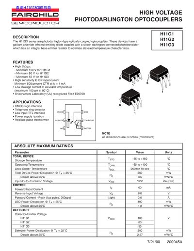Fairchild Semiconductor H11G1, H11G2, H11G3 Photodarlington Optocouplers Datasheet - cover page