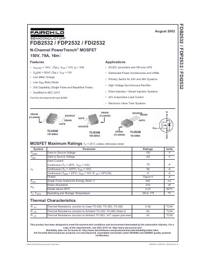 Fairchild Semiconductor FDB2532/FDP2532/FDI2532 N-Channel PowerTrench MOSFET Datasheet - cover page