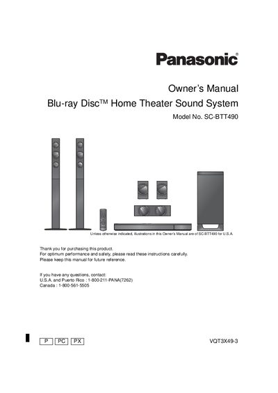 Panasonic SC-BTT490 Blu-ray Disc Home Theater Sound System Owner's Manual - cover page