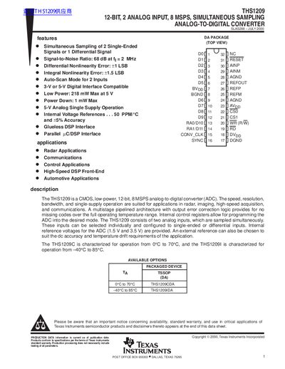 Texas Instruments THS1209 12-Bit ADC Datasheet - cover page