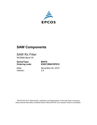 EPCOS B9478 SAW Rx Filter Datasheet - cover page