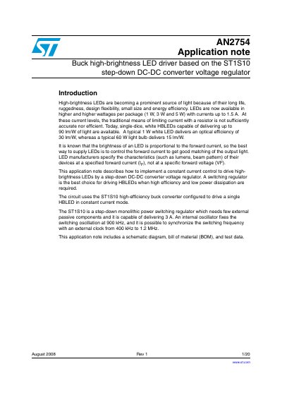 STMicroelectronics AN2754 Application Note: Buck High-Brightness LED Driver Based on ST1S10 - cover page