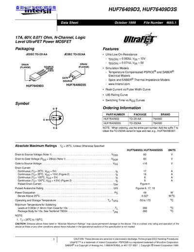 intersil HUF76409D3 HUF76409D3S 17A 60V 0.071 Ohm N-Channel Logic Level UltraFET Power MOSFET Manual - cover page