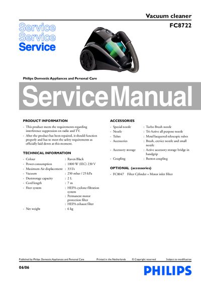 Philips FC8722 Vacuum Cleaner Service Manual - cover page