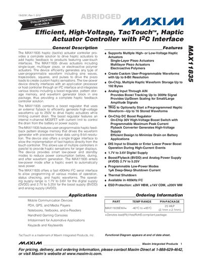 Maxim MAX11835 Haptic Actuator Controller Datasheet - cover page