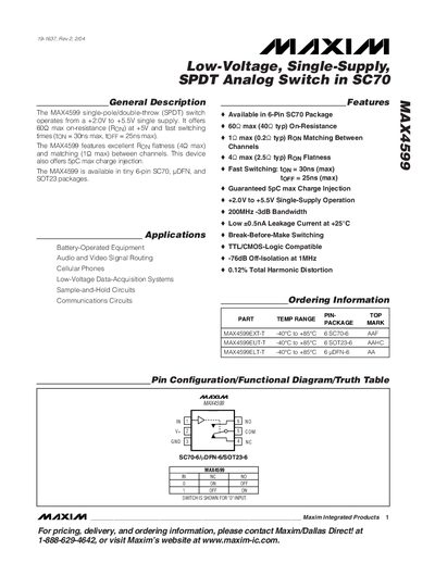 Maxim Low-Voltage Single-Supply SPDT Analog Switch in SC70 MAX4599 handbook - cover page