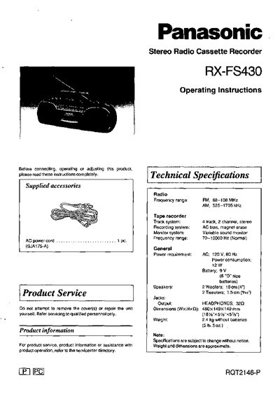 Panasonic RX-FS430 Stereo Radio Cassette Recorder Operating Instructions - cover page