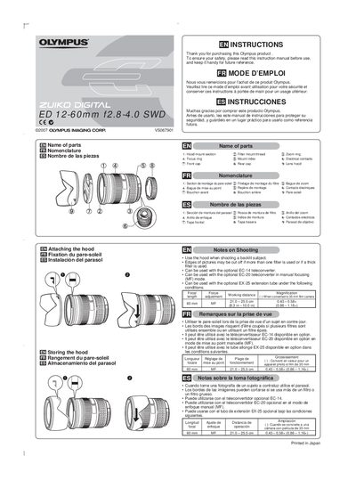 Olympus ED 12-60mm f/2.8-4.0 SWD Lens Product Leaflet - cover page
