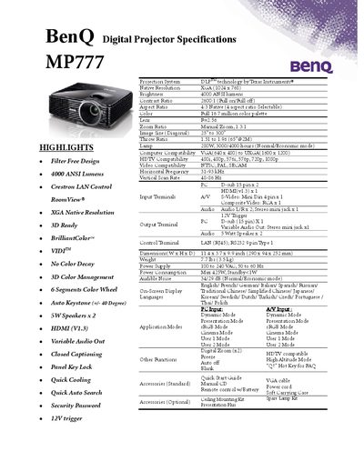 BenQ MP777 Digital Projector Specifications Manual - cover page