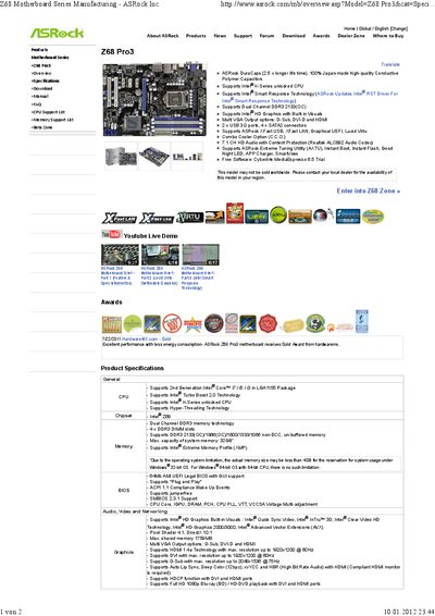 ASRock Z68 Pro3 Motherboard Product Specifications - cover page