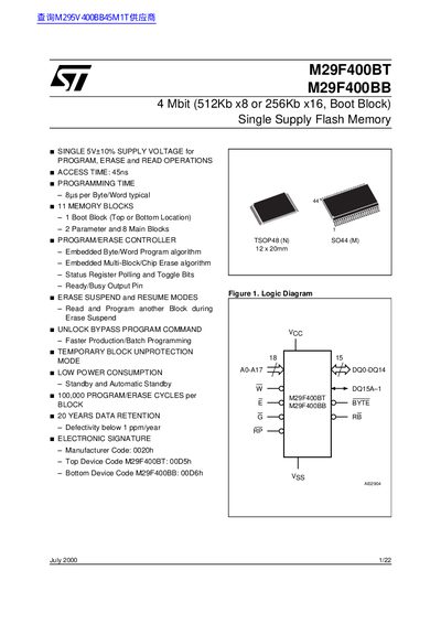 ST M29F400BT M29F400BB 4 Mbit (512Kb x8 or 256Kb x16 Boot Block) Single Supply Flash Memory handbook - cover page