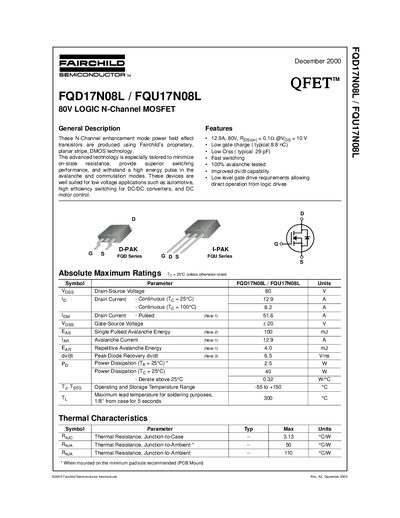 Fairchild FQD17N08L/FQU17N08L 80V Logic N-Channel MOSFET Datasheet - cover page