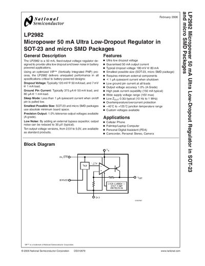 NATIONAL SEMICONDUCTOR LP2982 Micropower 50 mA Ultra Low-Dropout Regulator in SOT-23 micro SMD Packages Manual - cover page