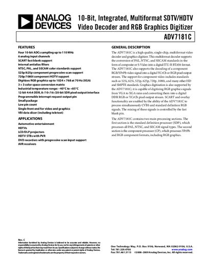 ANALOG DEVICES 10-Bit Integrated Multiformat SDTV/HDTV Video Decoder RGB Graphics Digitizer ADV7181C handbook