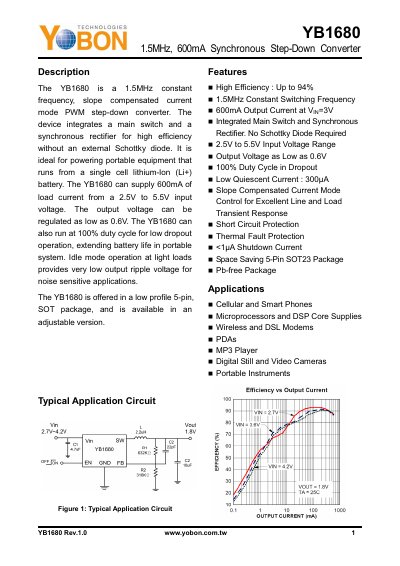 Yobon YB1680 1.5MHz 600mA Synchronous Step-Down Converter Handbook - cover page