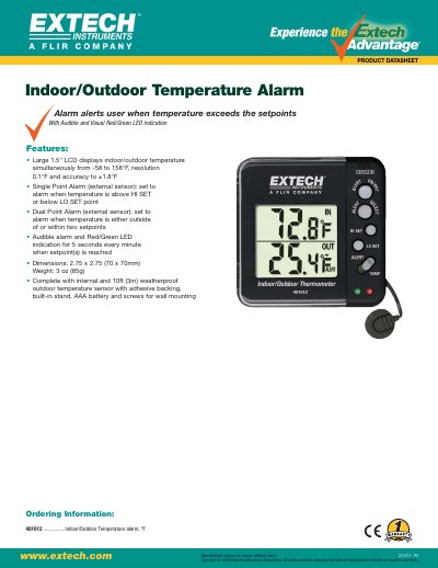 EXTECH 401012 Indoor/Outdoor Temperature Alarm Product Datasheet - cover page