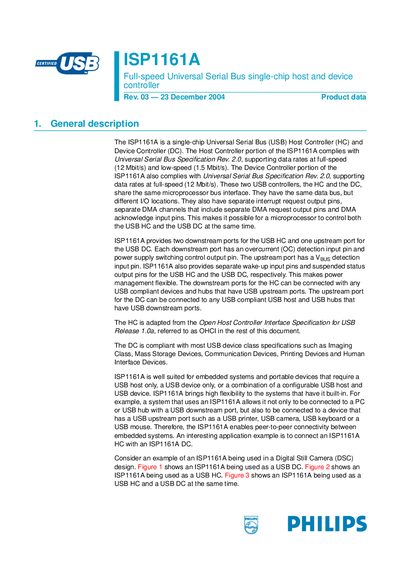 Philips ISP1161A Full-speed USB Host and Device Controller Datasheet - cover page