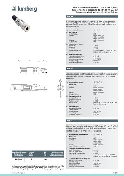 LUMBERG Klinkensteckverbinder nach JISC 6560 3 5 mm Jack connectors according to JISC 6560 3.5 mm Connecteurs jack suivant JISC 6560 3 5 mm(2) - cover page