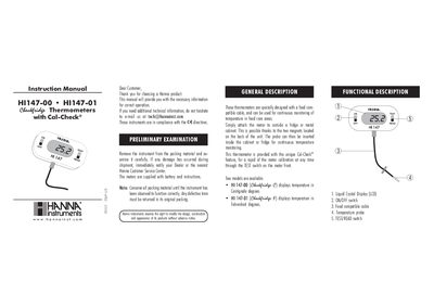 HANNA HI147-00 HI147-01 Checkfridge Thermometers with Cal-Check Instruction Manual - cover page