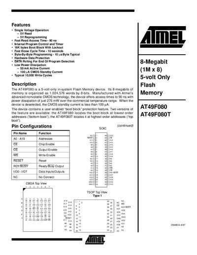 Atmel AT49F080/AT49F080T Flash Memory Datasheet - cover page