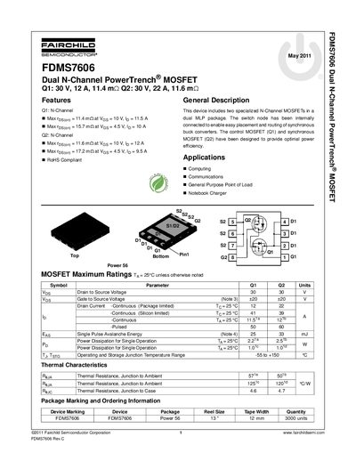Fairchild Semiconductor FDMS7606 Dual N-Channel PowerTrench MOSFET Datasheet - cover page