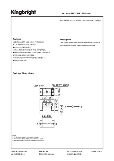 KINGBRIGHT - KPC-3216SGD SUPER BRIGHT GREEN 3.2X1.6mm SMD CHIP LED LAMP Manual - cover page