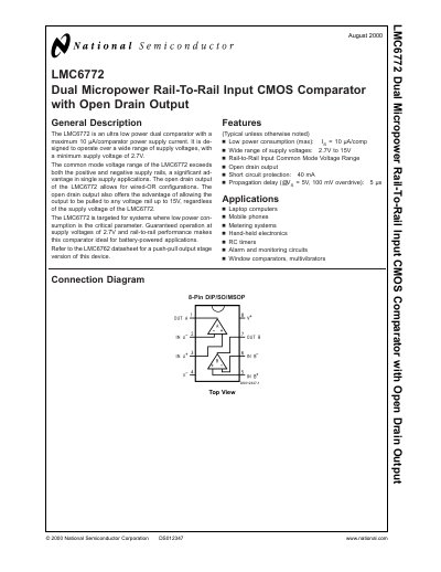 National Semiconductor LMC6772 Dual Micropower Rail‑To‑Rail Input CMOS Comparator Datasheet - cover page