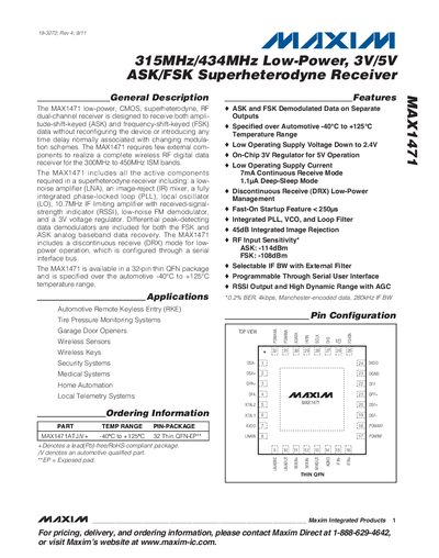 Maxim MAX1471 315MHz/434MHz ASK/FSK Superheterodyne Receiver Datasheet - cover page