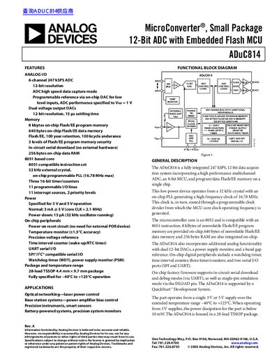 ANALOG DEVICES ADuC814 MicroConverter small package 12-Bit ADC with Embedded FLASH MCU handbook - cover page