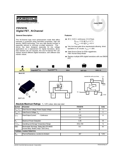 Fairchild Semiconductor FDV301N N-Channel Digital FET Datasheet - cover page