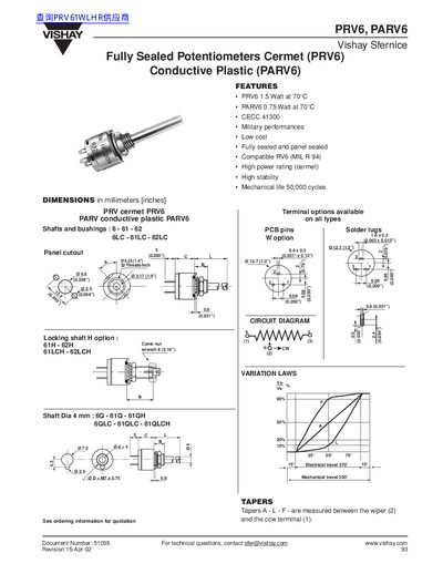 Vishay PRV6/PARV6 Fully Sealed Potentiometers Datasheet - cover page
