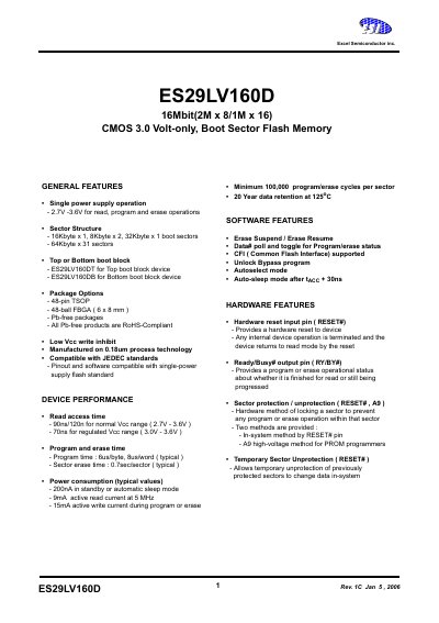 Excel Semiconductor ES29LV160D 16Mbit Flash Memory Datasheet - cover page