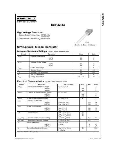 Fairchild KSP42/43 High Voltage Transistor Datasheet - cover page
