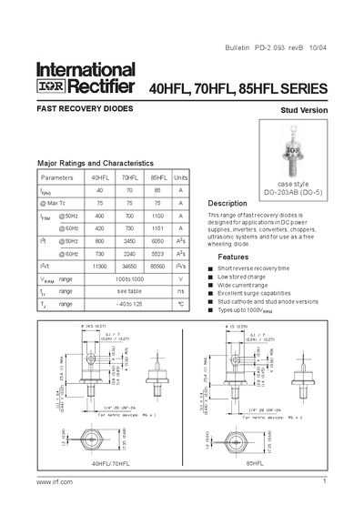 International Rectifier 40HFL/70HFL/85HFL Series Fast Recovery Diodes Datasheet - cover page