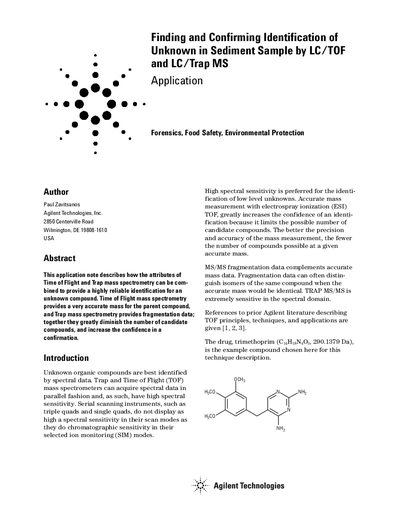 Finding and Confirming Identification of Unknown in Sediment Sample by LC/TOF Application Note - cover page