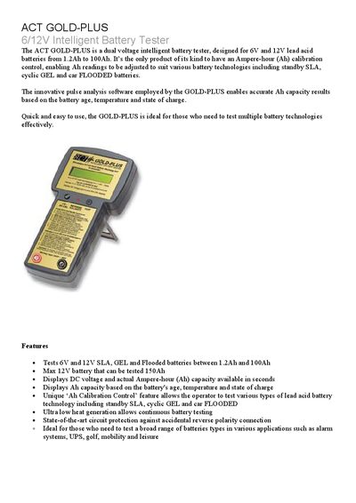 ACT GOLD-PLUS 6/12V Intelligent Battery Tester Product Leaflet - cover page